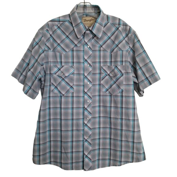 Wrangler Other - Men's Wrangler Western Fashion Pearl Snap Shirt Turquoise Plaid Short Sleeve